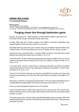 NEWS RELEASE Forging Closer Ties Through Badminton Game