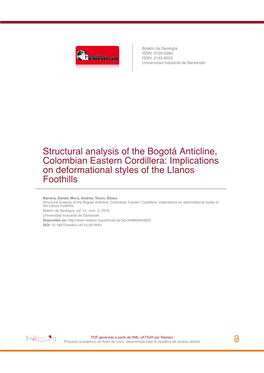 Structural Analysis of the Bogotá Anticline, Colombian Eastern Cordillera: Implications on Deformational Styles of the Llanos Foothills