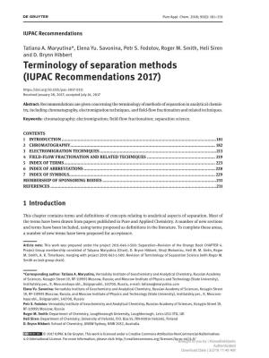 Terminology of Separation Methods (IUPAC Recommendations 2017) Received January 28, 2017; Accepted July 16, 2017