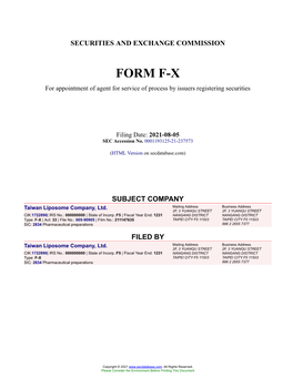 Taiwan Liposome Company, Ltd. Form F-X Filed 2021-08-05