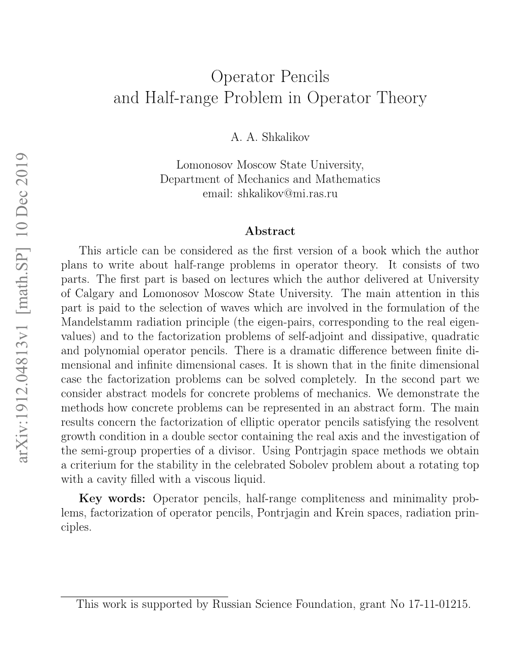 Operator Pencils and Half-Range Problem in Operator Theory