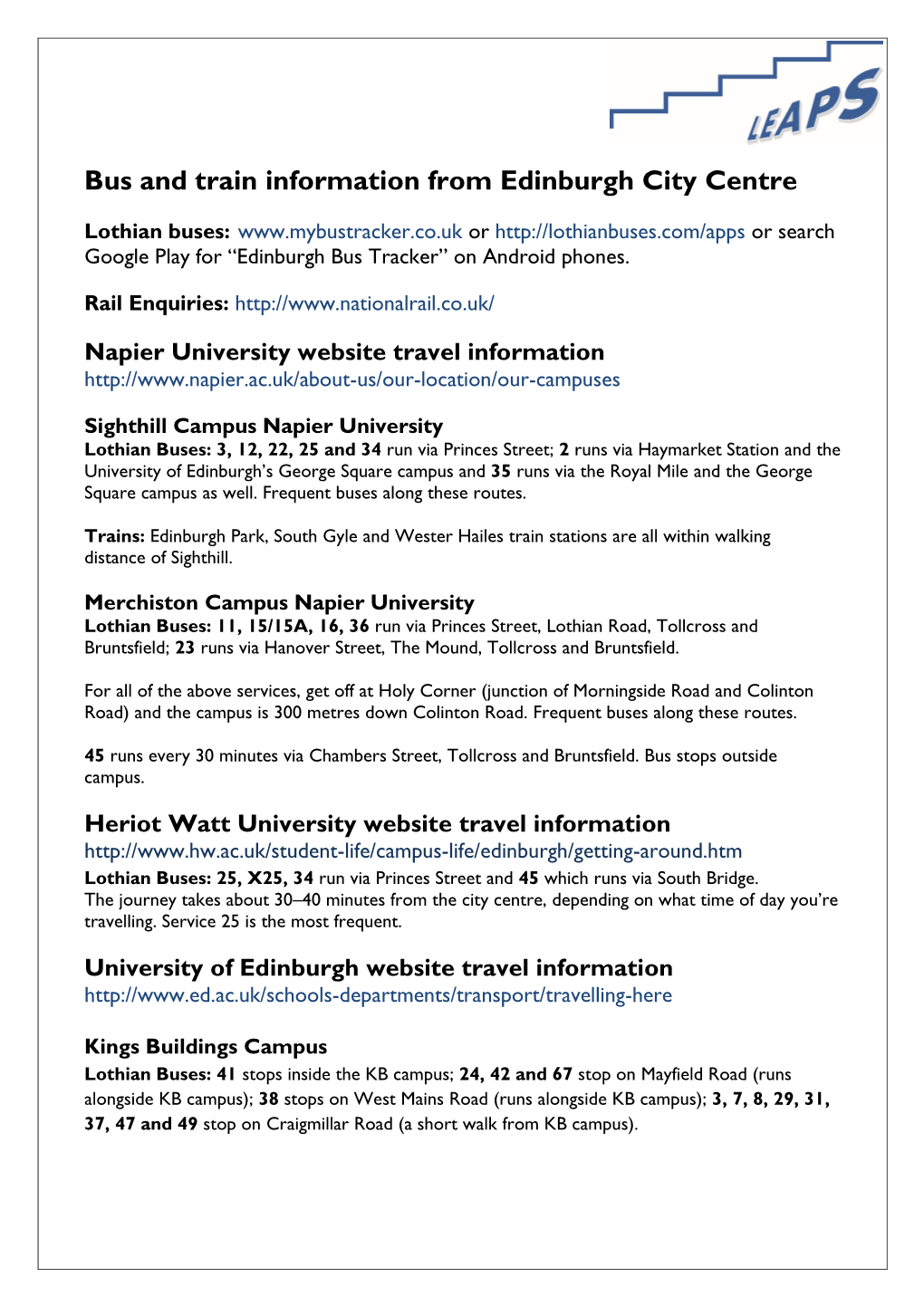 Bus and Train Information from Edinburgh City Centre