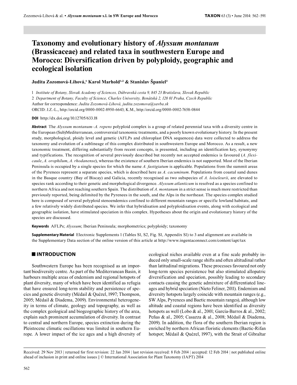 (Brassicaceae) and Related Taxa in Southwestern Europe and Morocco: Diversification Driven by Polyploidy, Geographic and Ecological Isolation