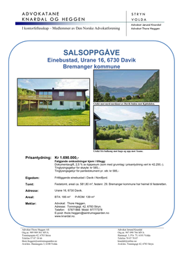 SALSOPPGÅVE Einebustad, Urane 16, 6730 Davik Bremanger Kommune