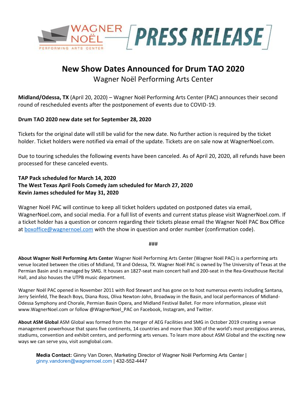 New Show Dates Announced for Drum TAO 2020 Wagner Noël Performing Arts Center