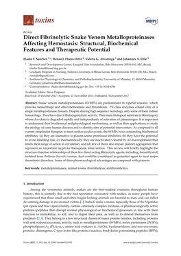 Direct Fibrinolytic Snake Venom Metalloproteinases Affecting Hemostasis: Structural, Biochemical Features and Therapeutic Potential