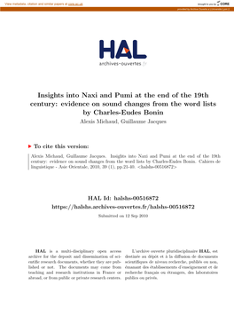 Insights Into Naxi and Pumi at the End of the 19Th Century: Evidence on Sound Changes from the Word Lists by Charles-Eudes Bonin Alexis Michaud, Guillaume Jacques