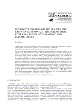 Freshwater Molluscs of the Zrmanja and Krupa Rivers (Croatia) – the Role of These Rivers As a Refuge of Threatened and Endemic Species