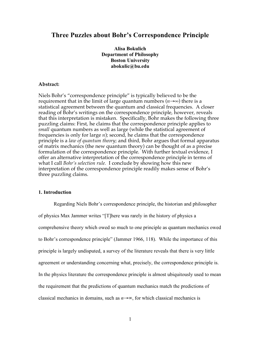 Three Puzzles About Bohr's Correspondence Principle