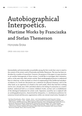 Autobiographical Interpoetics. Wartime Works by Franciszka and Stefan Themerson Honorata Sroka