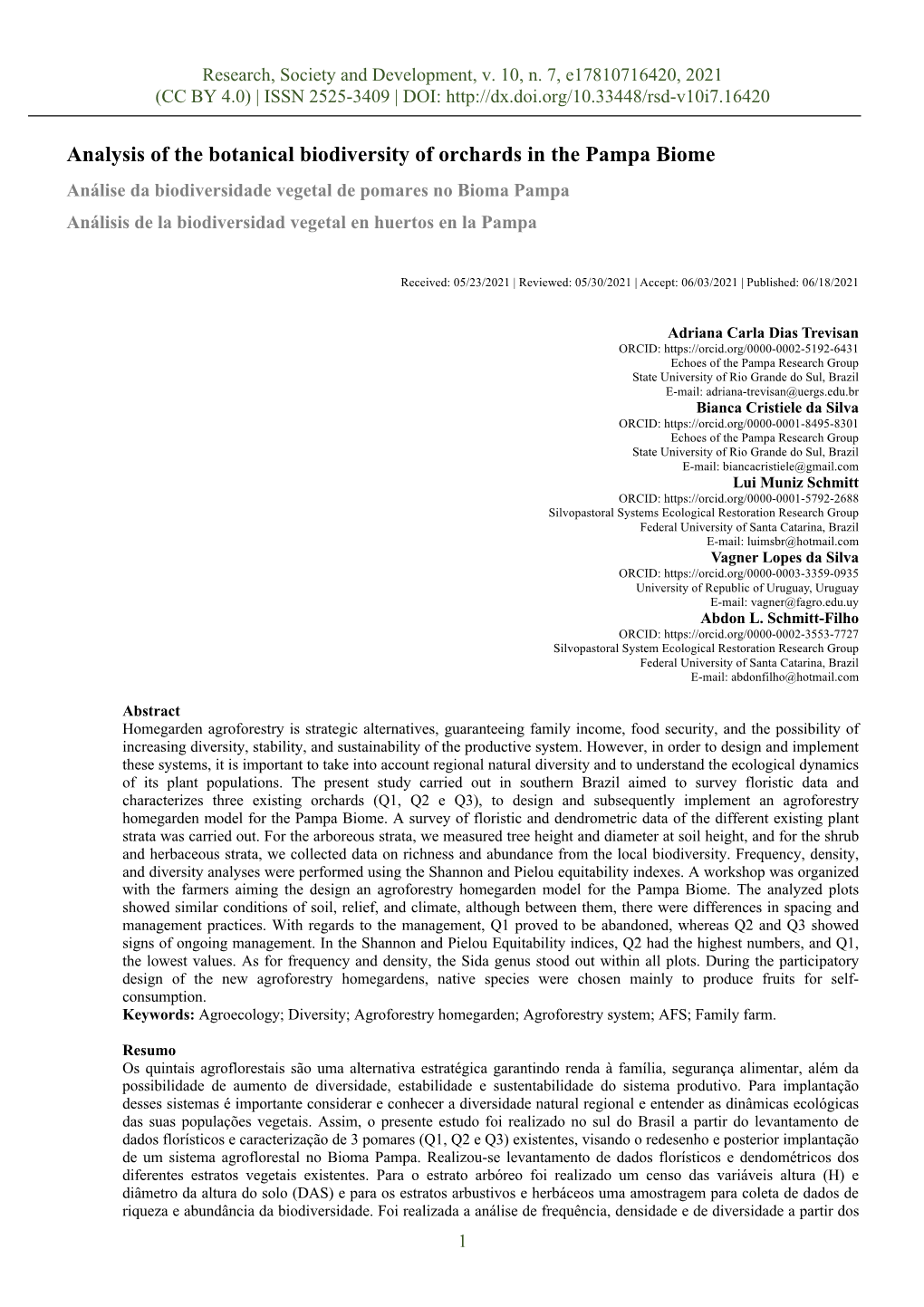 Analysis of the Botanical Biodiversity of Orchards in the Pampa Biome