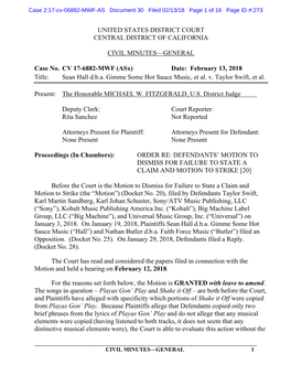 UNITED STATES DISTRICT COURT CENTRAL DISTRICT of CALIFORNIA CIVIL MINUTES—GENERAL Case No. CV 17-6882-MWF