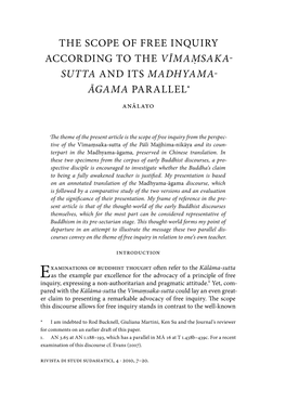 The Scope of Free Inquiry According to the Vīmaṃsaka- Sutta and Its Madhyama- Āgama Parallel* Anālayo