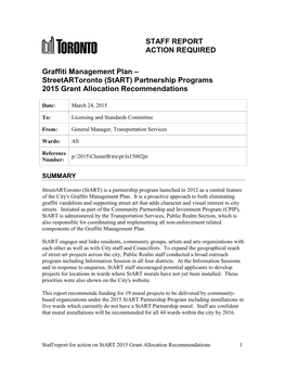 Graffiti Management Plan – Streetartoronto (Start) Partnership Programs 2015 Grant Allocation Recommendations