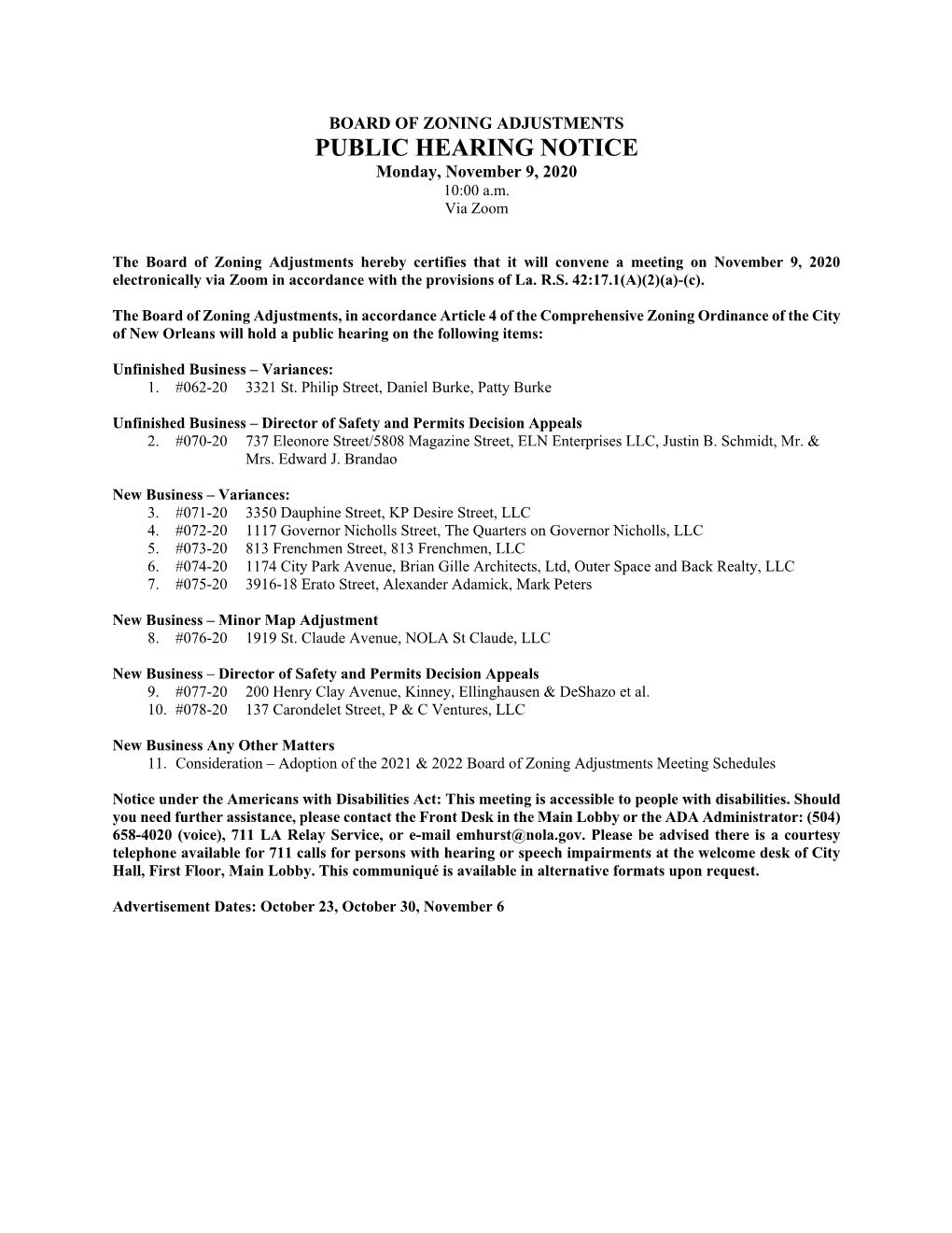 PUBLIC HEARING NOTICE Monday, November 9, 2020 10:00 A.M