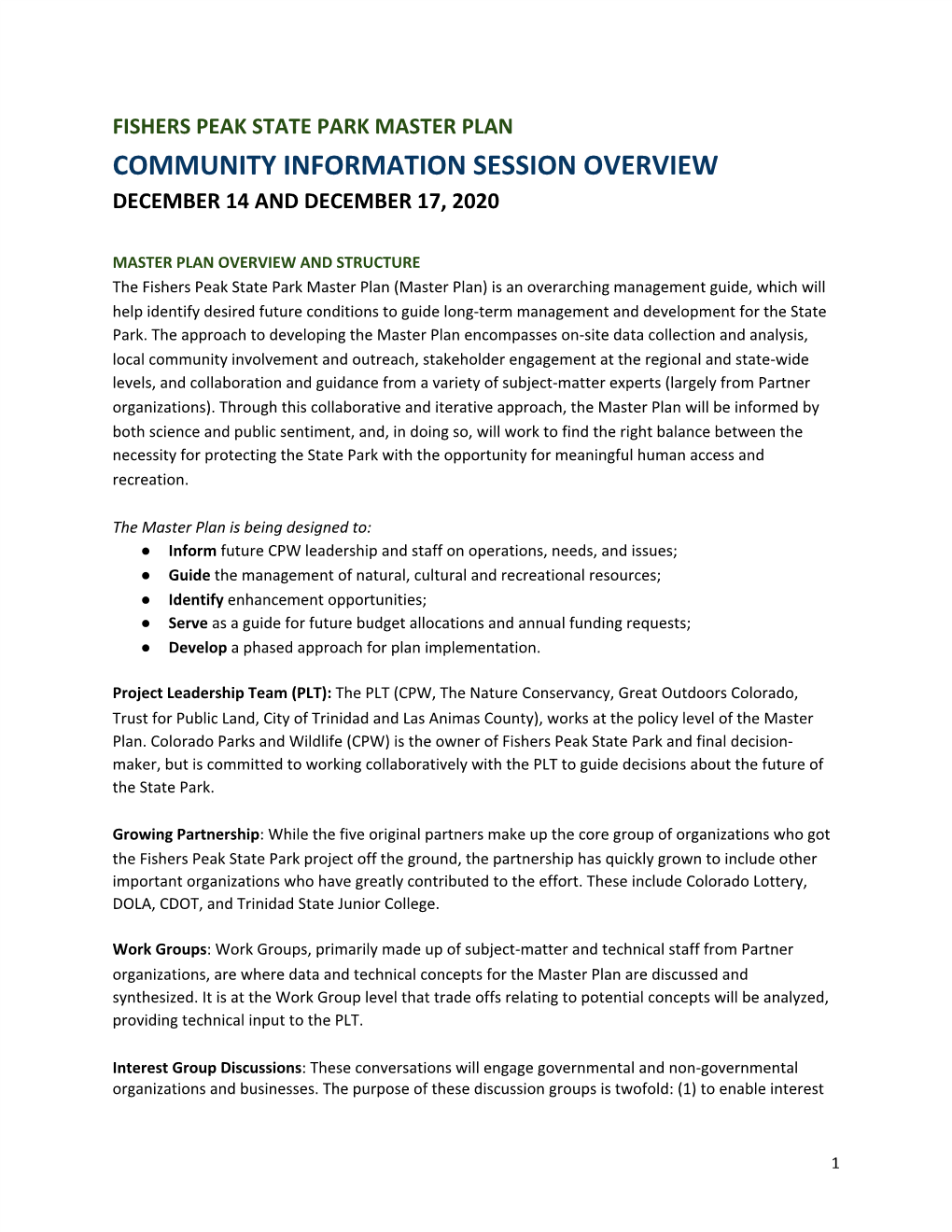 Community Information Session Overview December 14 and December 17, 2020