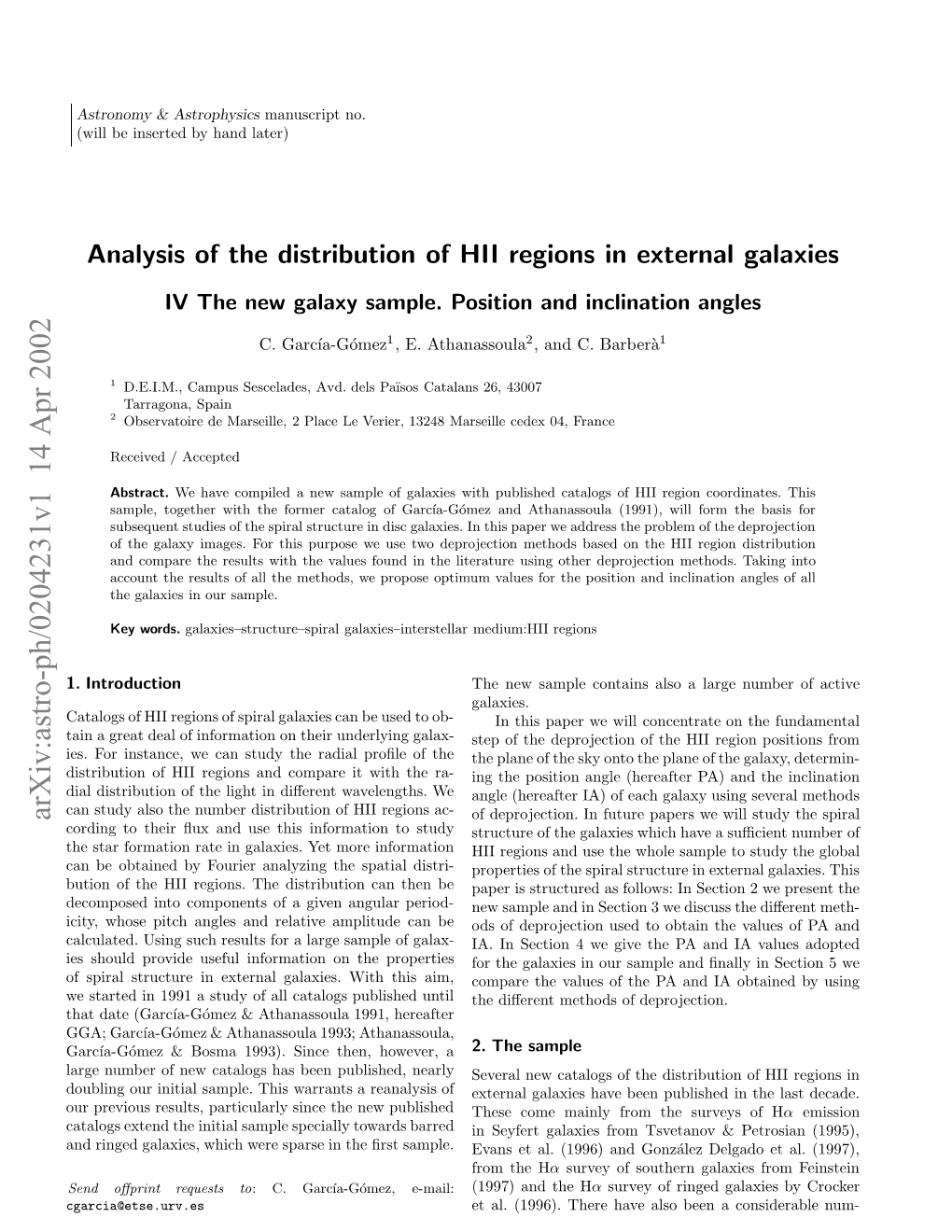 Analysis of the Distribution of HII Regions in External Galaxies. IV The