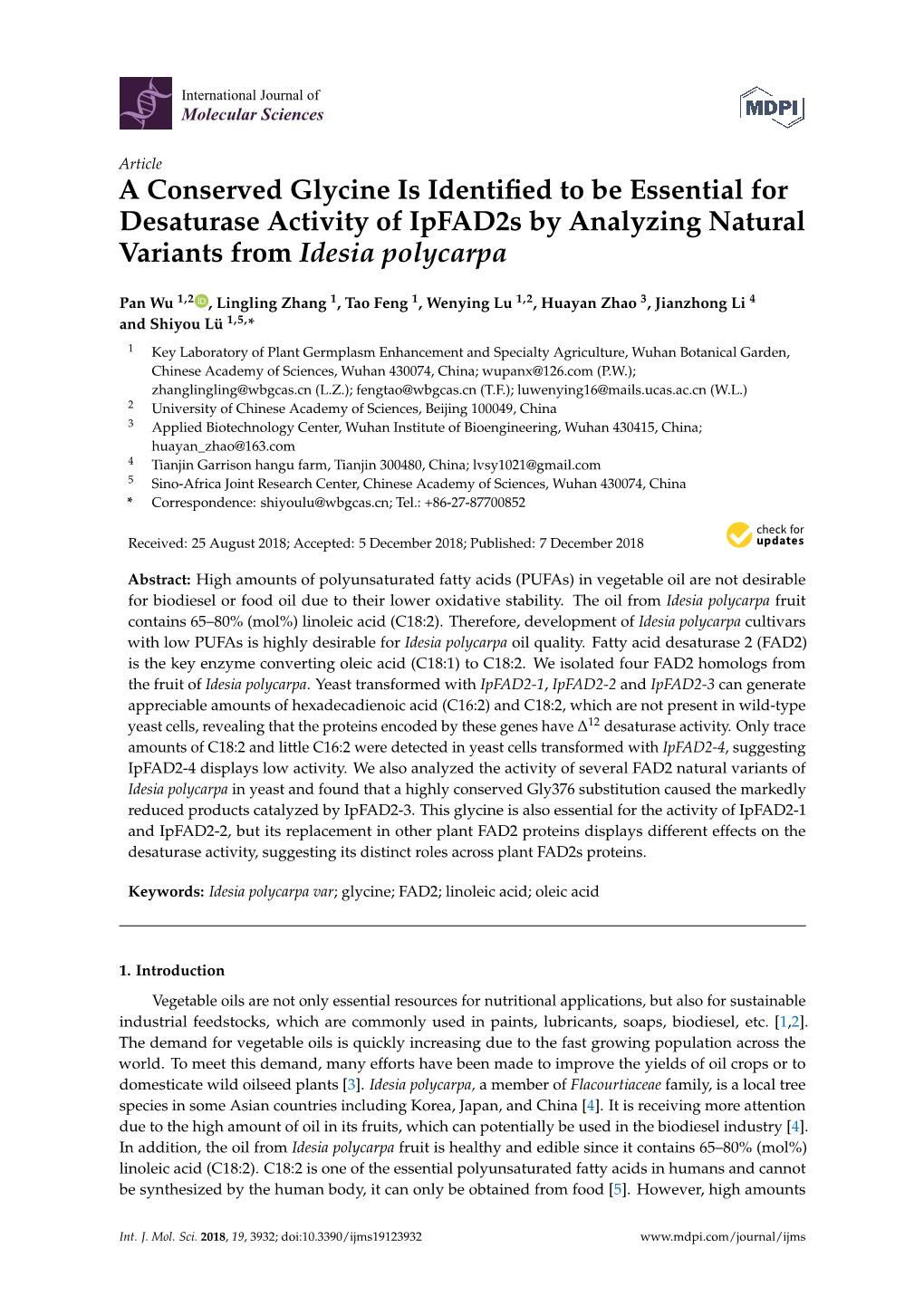 A Conserved Glycine Is Identified to Be Essential for Desaturase Activity of Ipfad2s by Analyzing Natural Variants from Idesia P