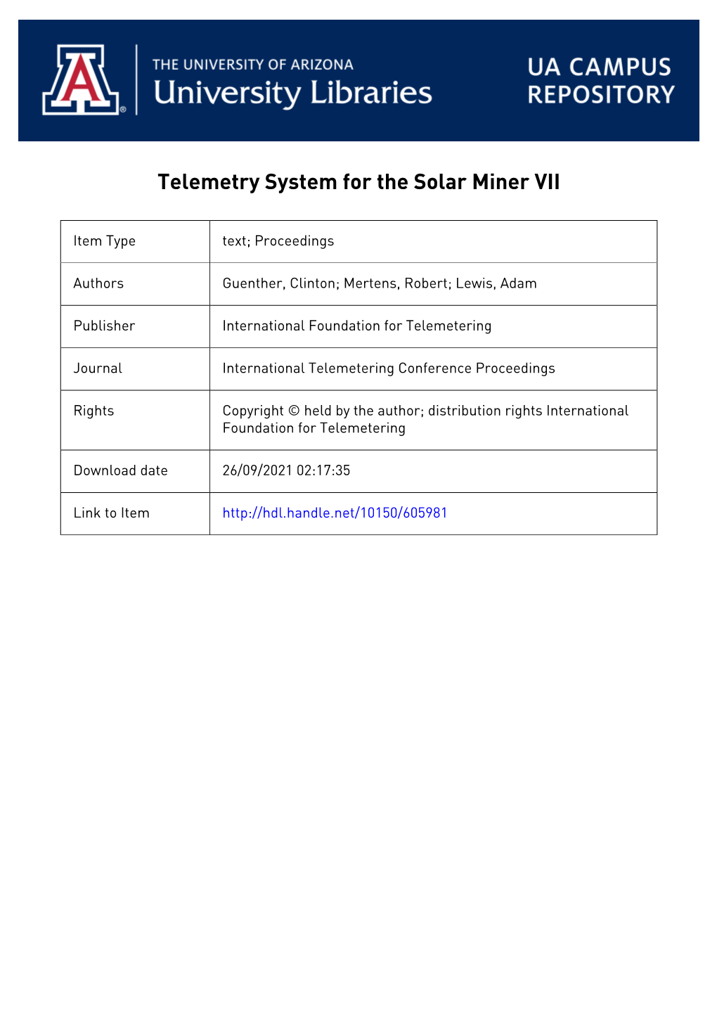 Telemetry System for the Solar Miner VII