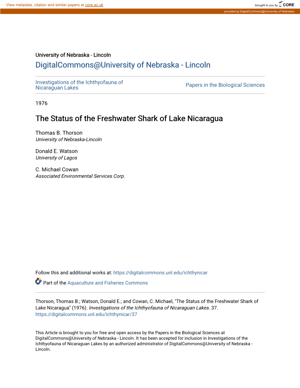 The Status of the Freshwater Shark of Lake Nicaragua