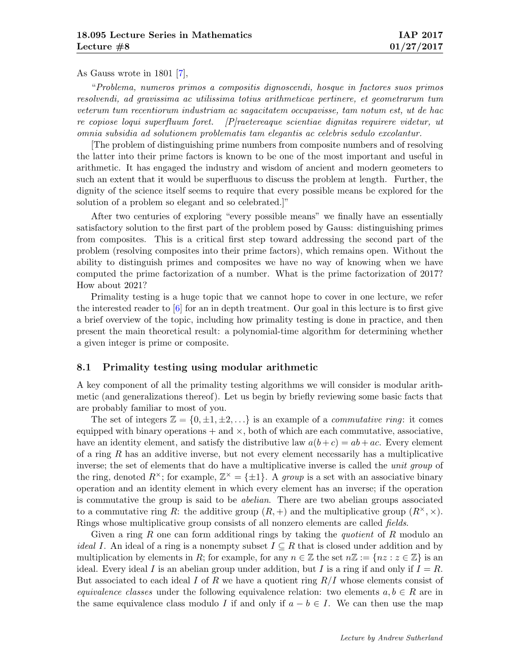 8.1 Primality Testing Using Modular Arithmetic