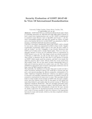 Security Evaluation of GOST 28147-89 in View of International Standardisation