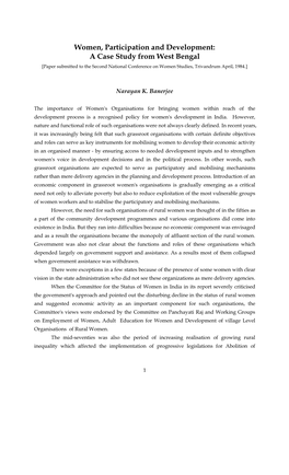 Women, Participation and Development: a Case Study from West Bengal [Paper Submitted to the Second National Conference on Women Studies, Trivandrum April, 1984.]