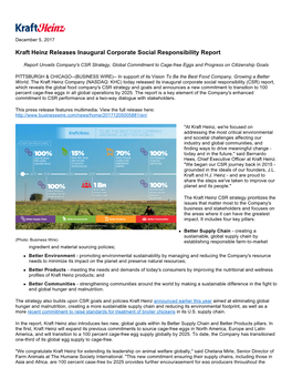 Kraft Heinz Releases Inaugural Corporate Social Responsibility Report