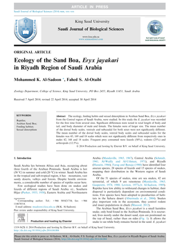 Ecology of the Sand Boa, Eryx Jayakari in Riyadh Region of Saudi Arabia