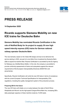 Ricardo Supports Siemens Mobility on New ICE Trains for Deutsche Bahn