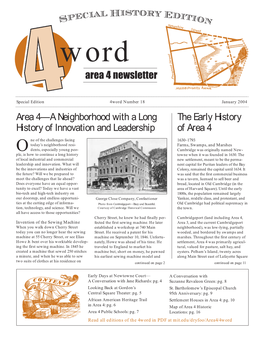 January 2004 Area 4—A Neighborhood with a Long the Early History History of Innovation and Leadership of Area 4
