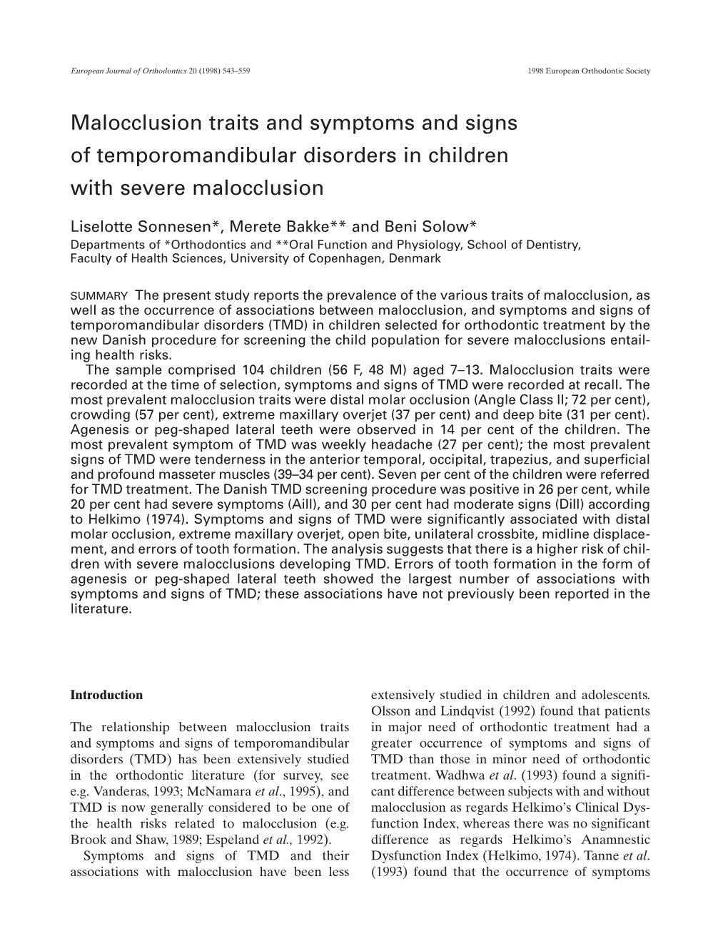 Malocclusion Traits and Symptoms and Signs of Temporomandibular Disorders in Children with Severe Malocclusion