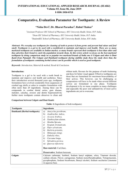 Comparative, Evaluation Parameter for Toothpaste: a Review
