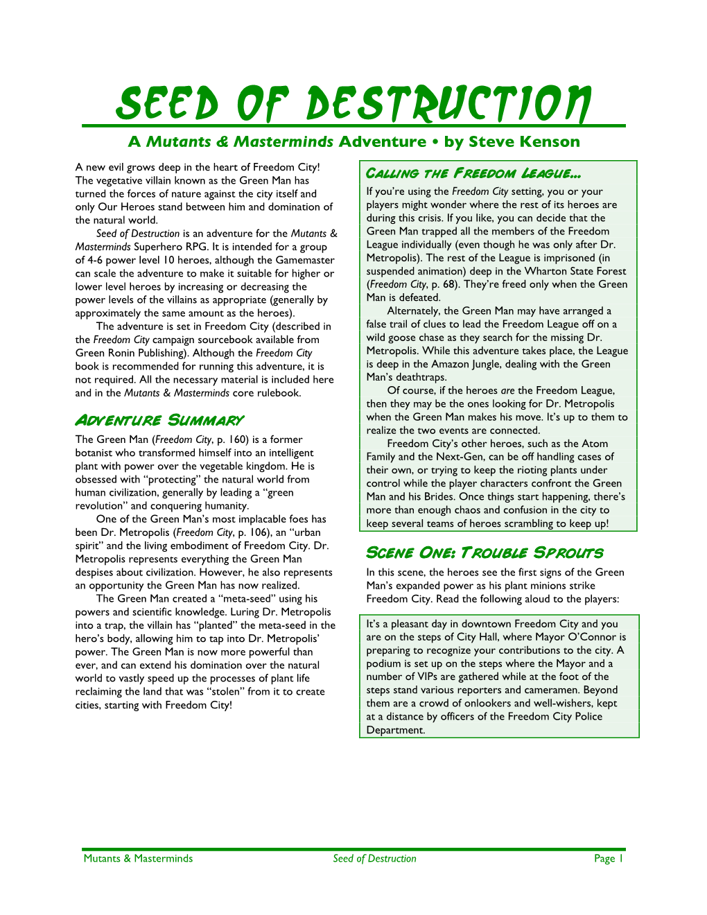 Seed of Destruction a Mutants & Masterminds Adventure • by Steve Kenson