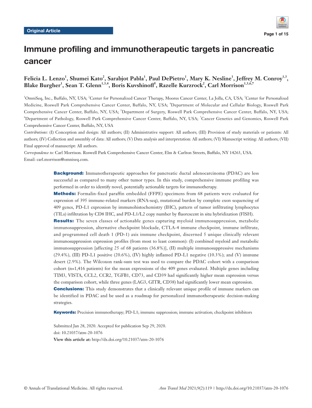 Immune Profiling and Immunotherapeutic Targets in Pancreatic Cancer