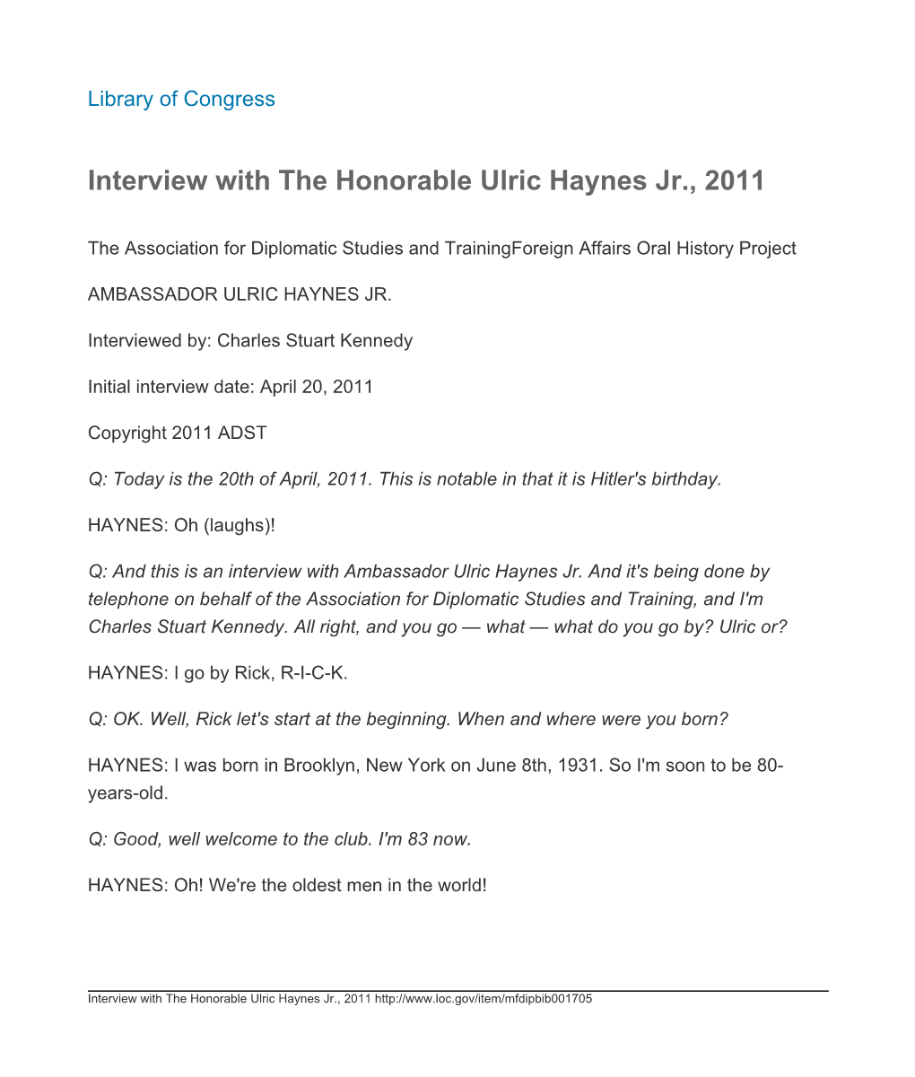 Interview with the Honorable Ulric Haynes Jr., 2011