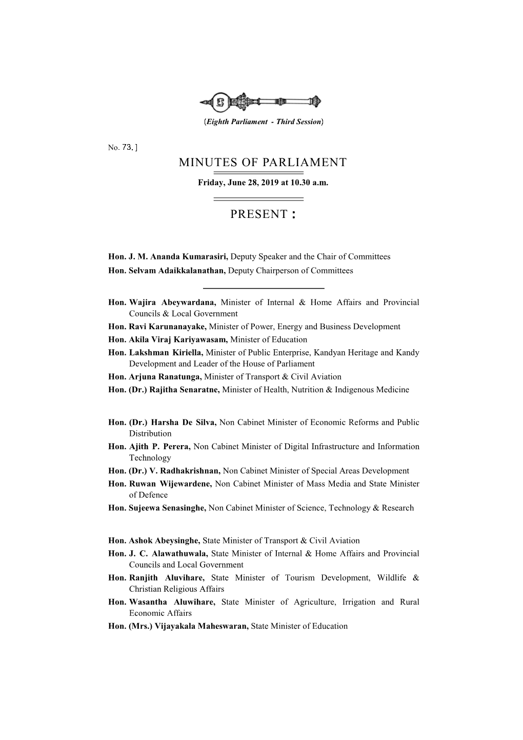 Minutes of Parliament for 28.06.2019