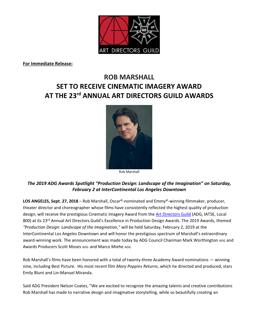 ROB MARSHALL SET to RECEIVE CINEMATIC IMAGERY AWARD at the 23Rd ANNUAL ART DIRECTORS GUILD AWARDS