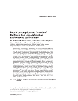 Food Consumption and Growth of California Sea Lions (Zalophus Californianus Californianus)