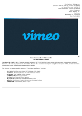 Filed by Vimeo Holdings, Inc. Pursuant to Rule 425 Under the Securities
