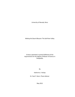 The Salt River Valley a Thesis Submitted in Partial Fulfillment of The
