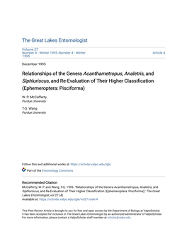 Relationships of the Genera Acanthametropus, Analetris, and Siphluriscus, and Re-Evaluation of Their Higher Classification (Ephemeroptera: Pisciforma)