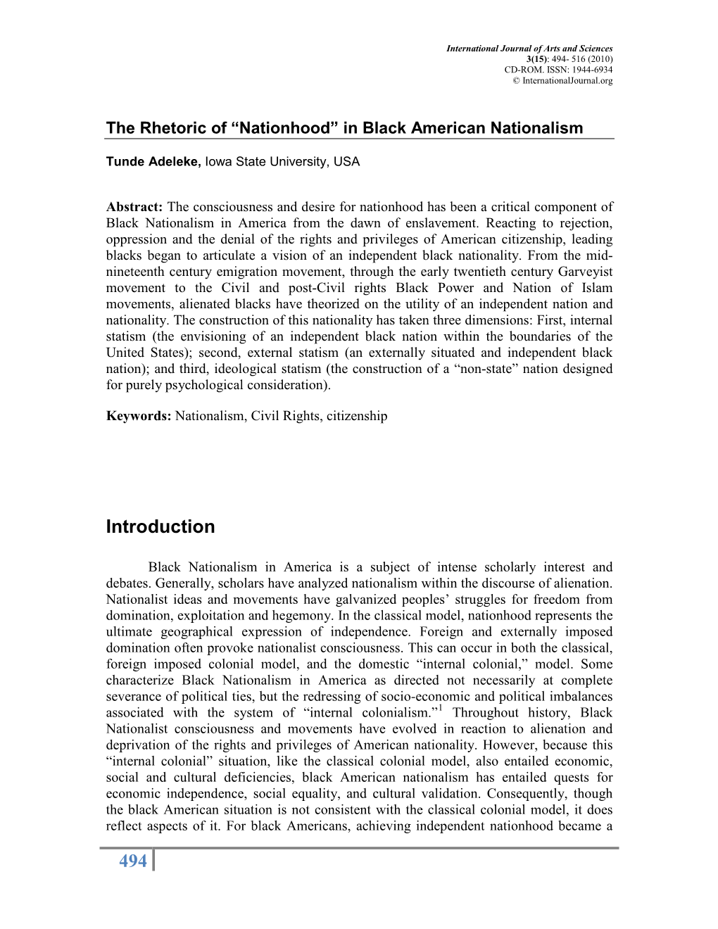 The Rhetoric of “Nationhood” in Black American Nationalism