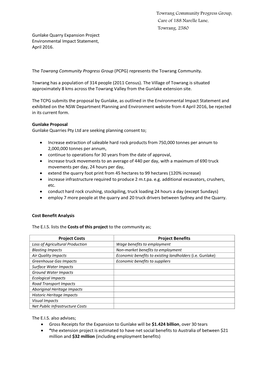 Towrang Community Progress Group, Care of 188 Narelle Lane, Towrang, 2580 Gunlake Quarry Expansion Project Environmental Impact Statement, April 2016