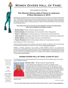 The Women Divers Hall of Fame to Welcome 6 New Members in 2014