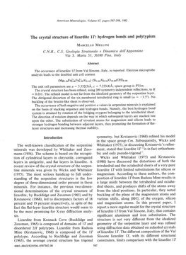 The Crystal Structure of Lizardite 1T: Hydrogen Bon{S and Polytypism