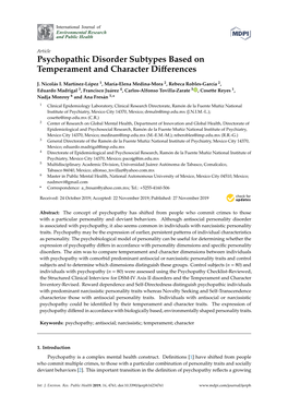 Psychopathic Disorder Subtypes Based on Temperament and Character Differences