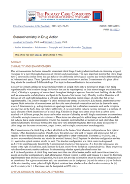 Abstract CHIRALITY and ENANTIOMERS CHIRAL DRUGS in BIOLOGICAL SYSTEMS