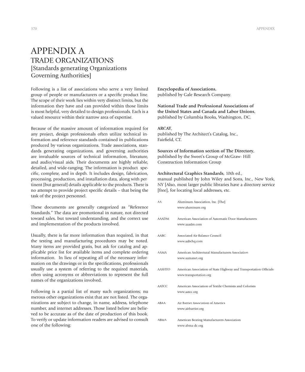 APPENDIX a TRADE ORGANIZATIONS [Standards Generating Organizations Governing Authorities]