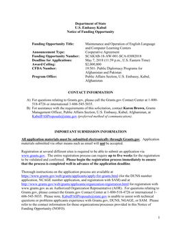 1 Department of State U.S. Embassy Kabul Notice of Funding Opportunity Funding Opportunity Title: Maintenance and Operation of E